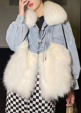Stilvolle Weiße Quaste Denim Patchwork Fuzzy Pelz Flauschigen Mantel Winter